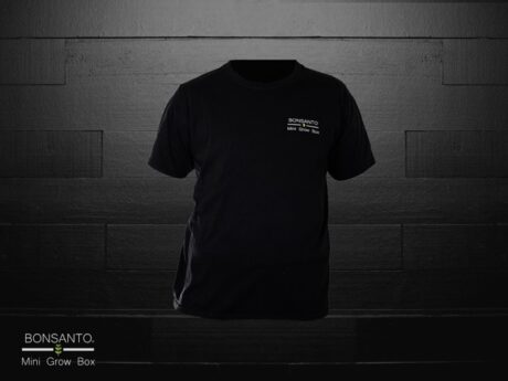 schwarzes T-Shirt mit Bonsanto Mini Grow Box Logo