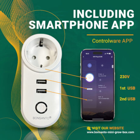 Grafik mit der Bonsanto Smart Steckdose inklusive Smartphone App