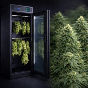 Cannabis-Trockenbox mit hängenden Blüten und kontrollierter Temperatur- und Luftfeuchtigkeitsregelung