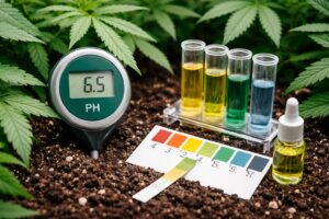 pH-Messung der Grow-Erde mit digitalem pH-Meter bei Cannabispflanzen für optimales Pflanzenwachstum