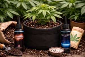 Cannabispflanze in schwarzem Stofftopf, links und rechts jeweils ein Flüssigdünger (Organic Boost und Xtreme Energy) für den Indoor-Grow, auf nährstoffreicher Erde