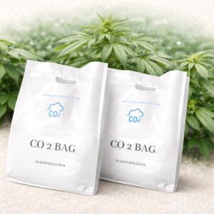 Zwei Bonsanto CO₂-Bags neben einer gesunden Cannabispflanze zur natürlichen CO₂-Versorgung im Indoor-Grow