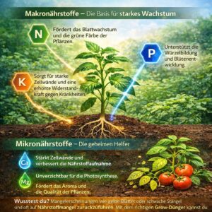 Infografik zu Makronährstoffen und Mikronährstoffen für gesundes Pflanzenwachstum im Indoor-Anbau