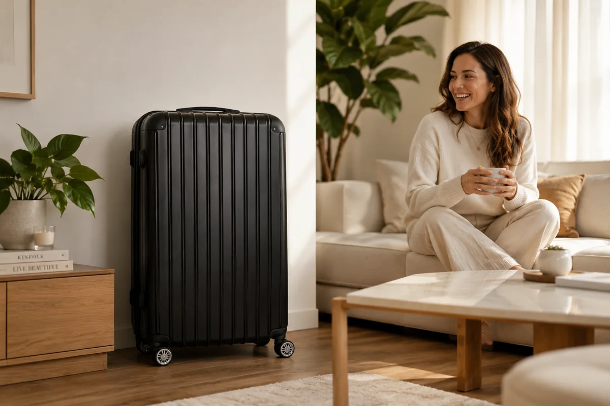 A woman relaxing in a bright living room next to the discreet Bonsanto grow case