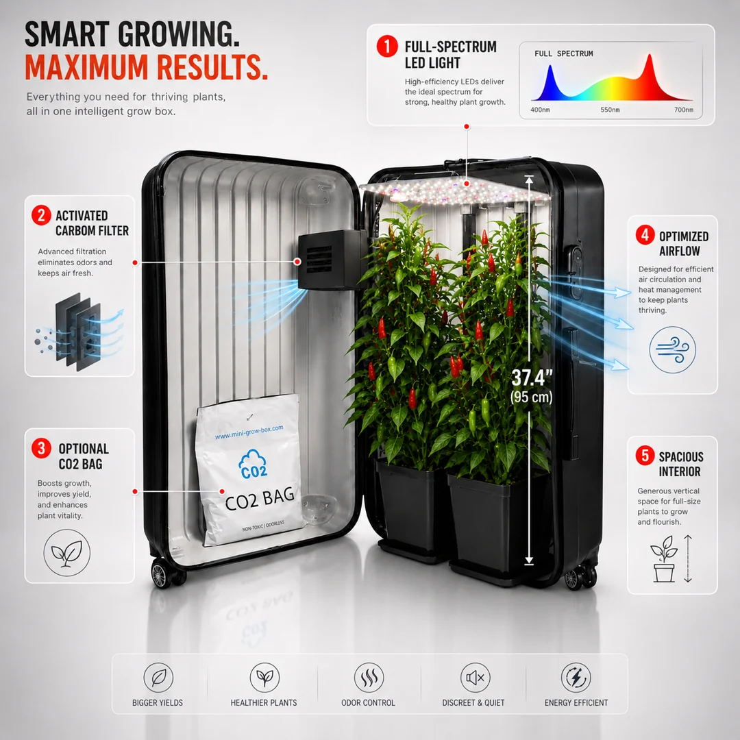 Smart Growing infographic: full-spectrum LED, activated-carbon filter, optional CO2 bag and spacious interior inside the Bonsanto grow case