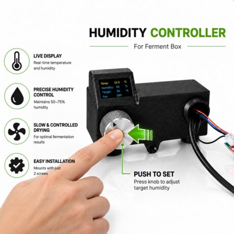 Bonsanto Humidity Controller: Drehregler drücken, um die Zielfeuchtigkeit einzustellen — Live-Display, 50–75 % Regelbereich, Montage mit zwei Schrauben