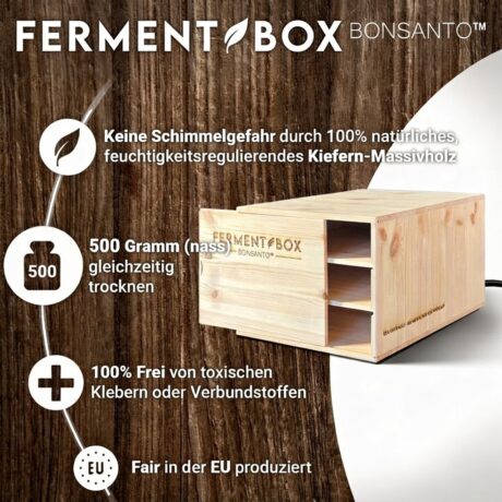 FermentBox – 500 Gramm (nass) gleichzeitig trocknen, Kiefern-Massivholz, Made in EU