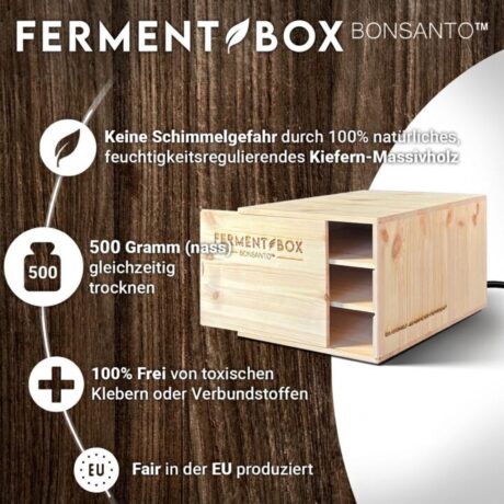 FermentBox – 500 Gramm (nass) gleichzeitig trocknen, Kiefern-Massivholz, Made in EU